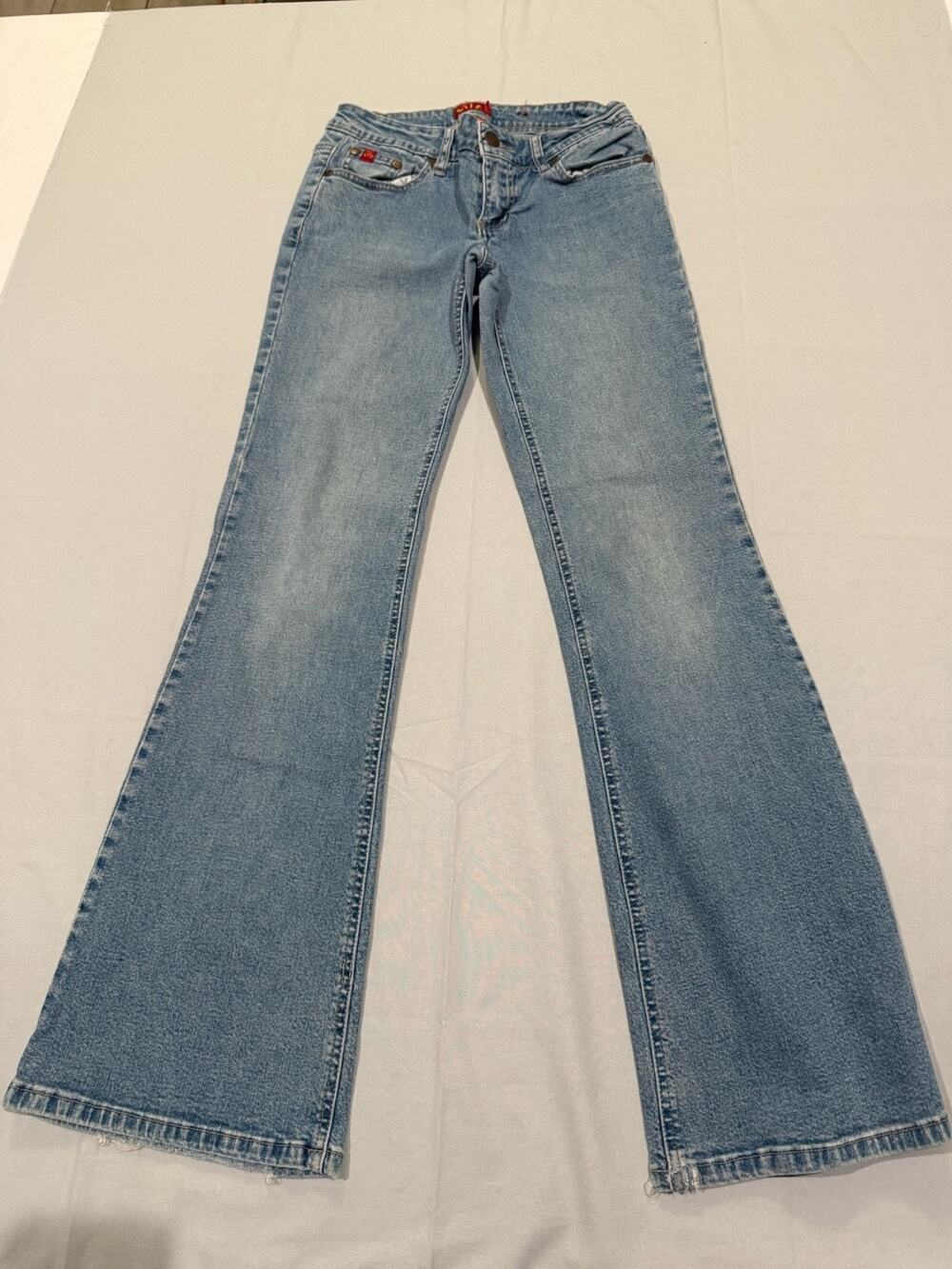 VTG Y2K Tilt Jeans Womens 0 Short Low Rise Flare Stretch Denim Embroidered 29”